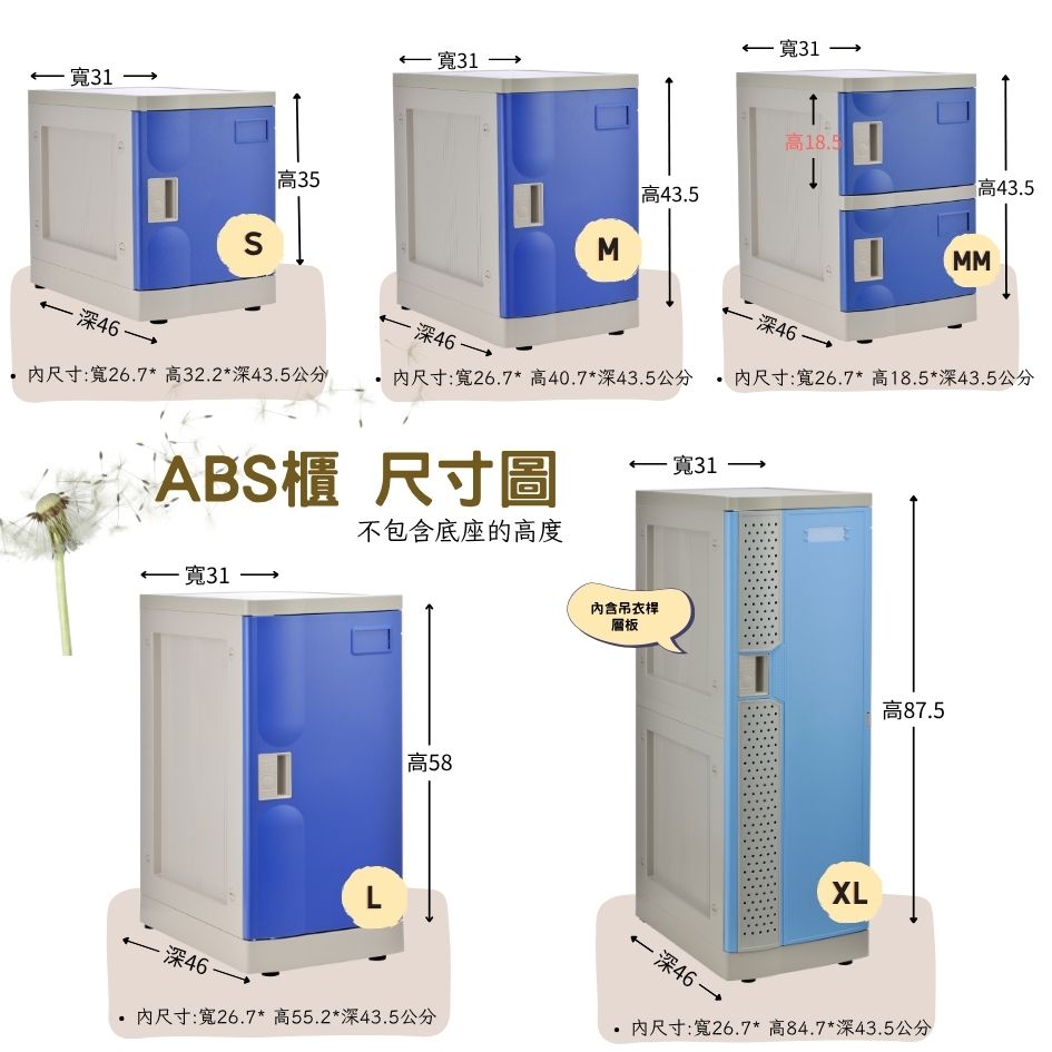 寬31 寬31 寬31高185高43.5高35高43.5SΣMM深46深46-深46尺寸:寬26.7*高32.2*深43.5公分尺寸:寬26.7*高40.7*深43.5公分.尺寸:寬26.7*高18.5*深43.5公分ABS櫃 尺寸圖 寬31 寬31不包含底座的高度- 深46L高58內含吊衣桿層板 深46-XL高87.5尺寸:寬26.7*高55.2*深43.5公分尺寸:寬26.7*高84.7*深43.5公分
