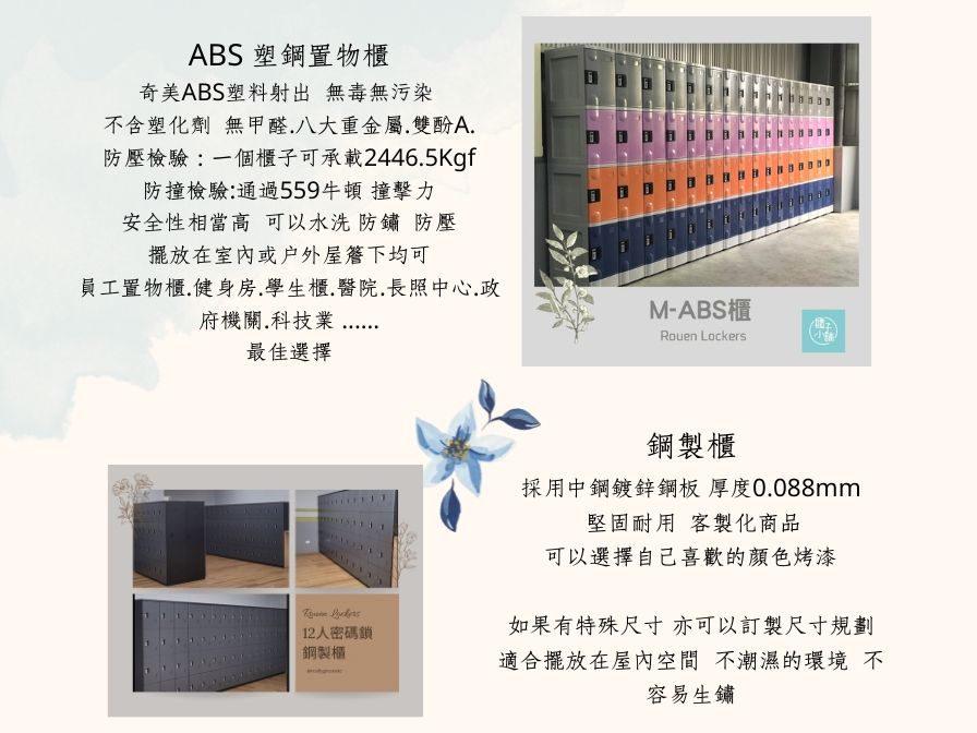 ABS塑鋼置物櫃奇美ABS塑料射出 無毒無污染不含塑化劑 無甲醛八大重金屬雙酚A防壓檢驗:一個櫃子可承載2446.5Kgf防撞檢驗通過559牛頓 撞擊力安全性相當高可以水洗 防鏽 防壓擺放在室內或戶外屋簷下均可員工置物櫃.健身房.學生櫃.醫院.長照中心.政府機關.科技業最佳選擇M-ABS櫃Rouen Lockers 12人密碼鎖鋼製櫃鋼製櫃採用中鋼鍍鋅鋼板厚度0.088mm堅固耐用 客製化商品可以選擇自己喜歡的顏色烤漆如果有特殊尺寸亦可以訂製尺寸規劃適合擺放在屋內空間不潮濕的環境不容易生鏽