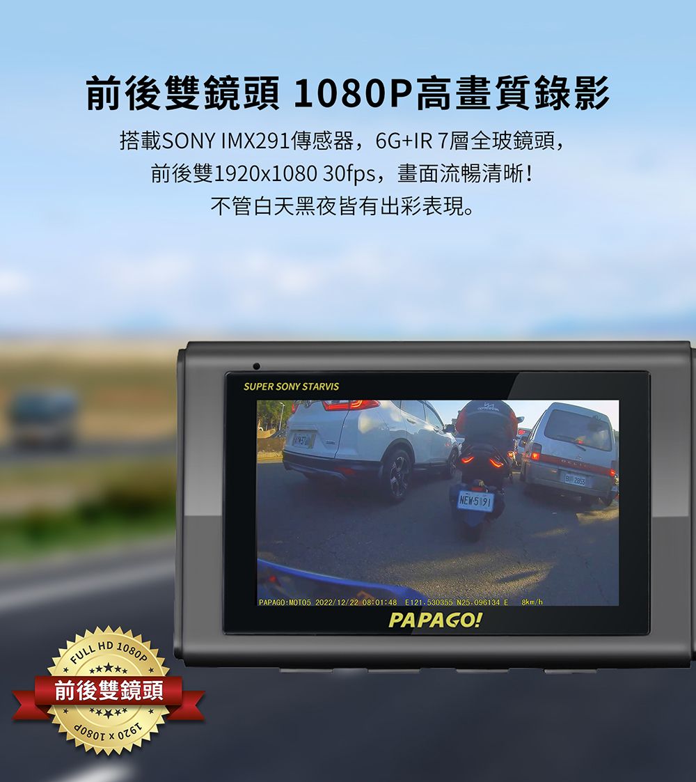 前後雙鏡頭 1080P高畫質錄影搭載SONY IMX291傳感器,6G+IR7層全玻鏡頭,前後雙1920x1080 30fps,畫面流暢清晰!不管白天黑夜皆有出彩表現。FULL  1080p前後雙鏡頭SUPER SONY STARVISNEW5191PAPAGO:MOTO5 2022/12/22 08:01:48 E121530355 N25.096134 EPAPAGO!8km/.