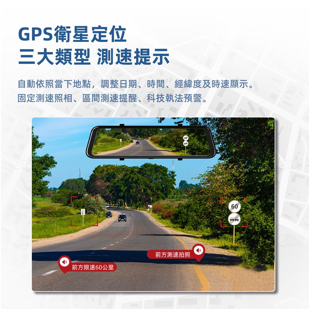 GPS衛星定位三大類型 測速提示自動依照當下地點,調整日期、時間、經緯度及時速顯示。固定測速照相、區間測速提醒、科技執法預警。前方测速拍照前方限速60公里60