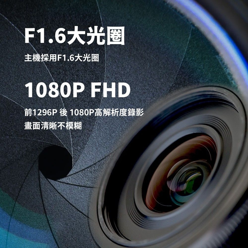 F1.6大光圈主機採用F1.6大光圈1080P FHD前1296P後1080P高解析度錄影畫面清晰不模糊