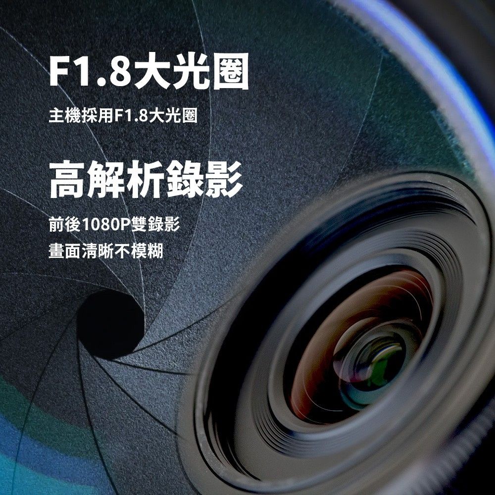 F1.8大光圈主機採用F1.8大光圈高解析錄影前後1080P雙錄影畫面清晰不模糊