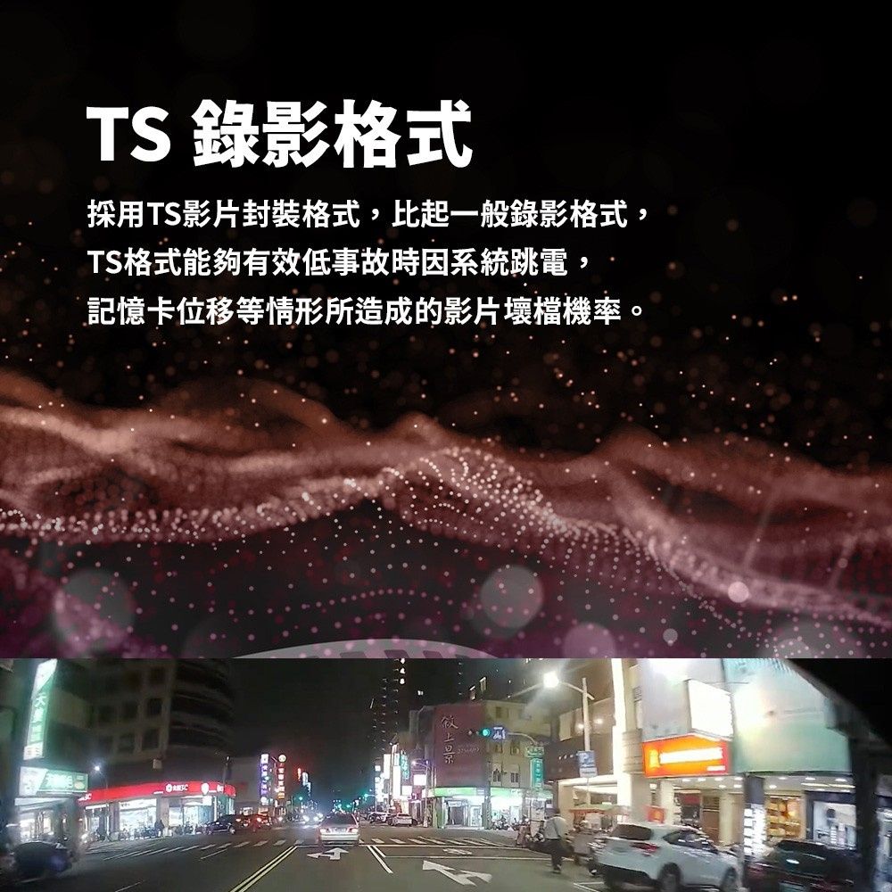 TS 錄影格式採用TS影片封裝格式比起一般錄影格式TS格式能夠有效低事故時因系統跳電,,記憶卡位移等情形所造成的影片壞檔機率。