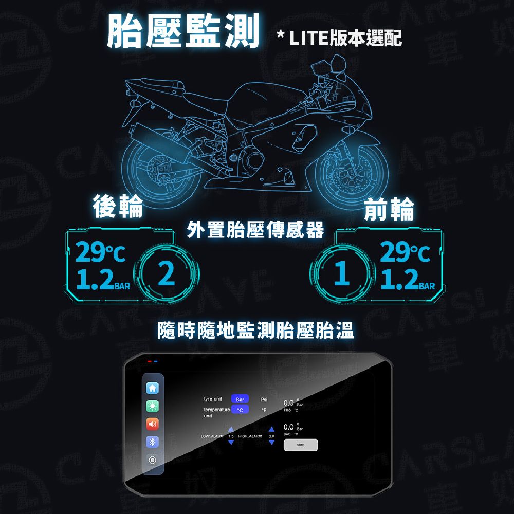 A胎壓監測 LITE版本選配後輪車29外置胎壓傳感器前輪車1.22VE隨時隨地監測胎壓胎溫tyre unit  unitLOWWALARM  HIGH_ALARM0.0 CA29°C 車車如
