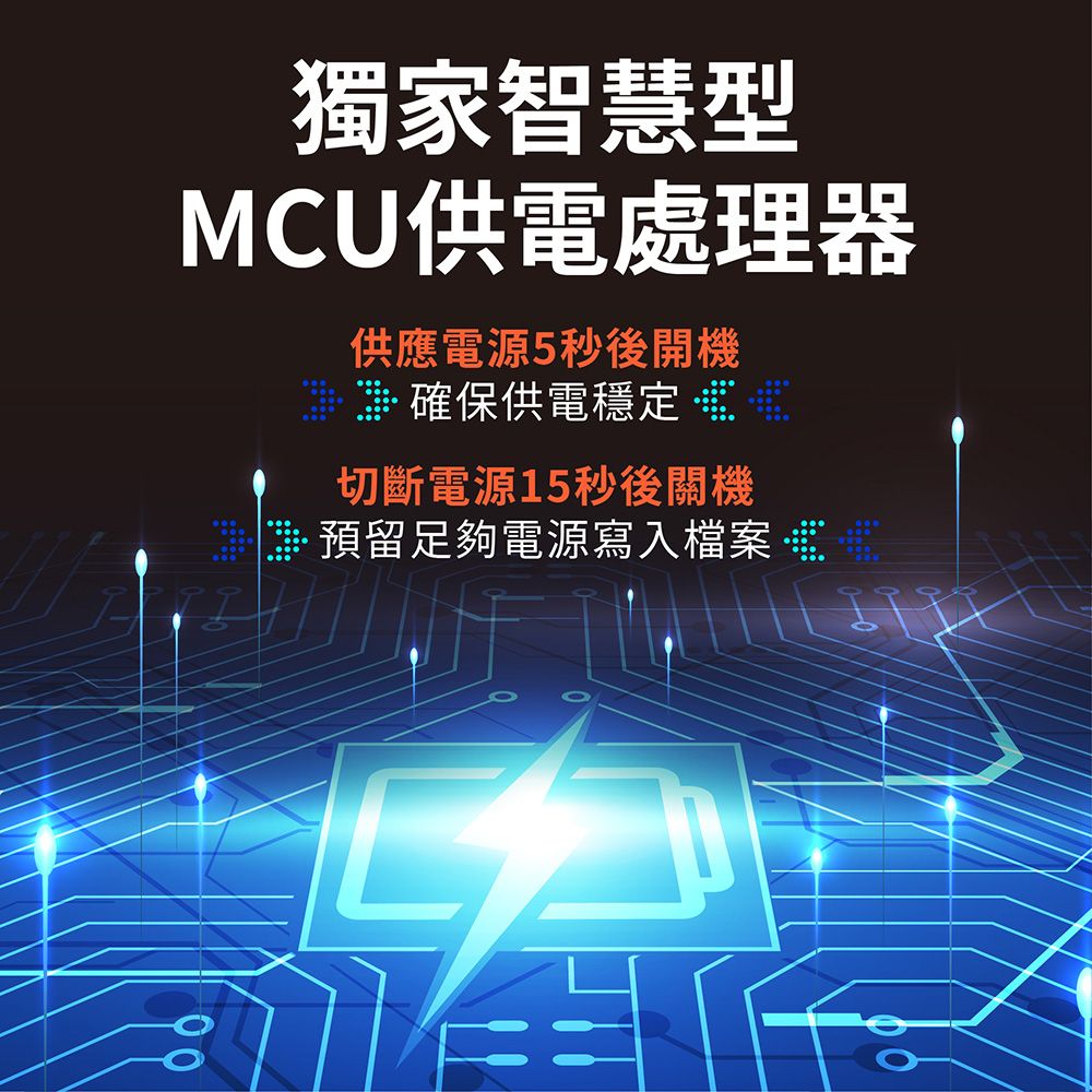 獨家智慧型MCU供電處理器供應電源5秒後開機確保供電穩定切斷電源15秒後關機預留足夠電源寫入檔案