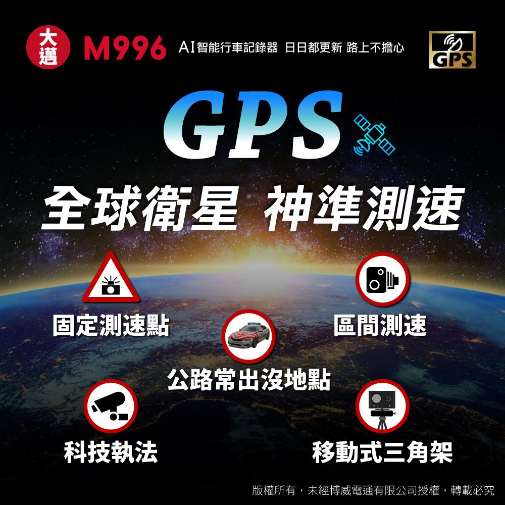 AI智能行車記錄器 日日都更新 路上不擔心GPSGPS全球衛星 神準測速固定测速點區間測速公路常出沒地點科技執法移動式三角架版權所有,未經博威電通有限公司授權,轉載必究