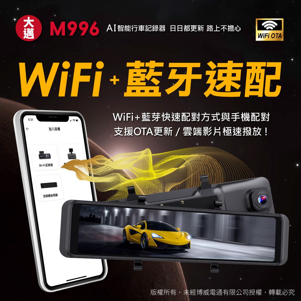 AI智能行車 日日都更新 路上不擔心WiFi OTAWiFi藍牙速配WiFi+藍芽快速配對方式與手機配對5:31加入設備支援OTA更新/雲端影片極速撥放!Wi-Fi記錄器媒體版權所有,未經博威電通有限公司授權,轉載必究