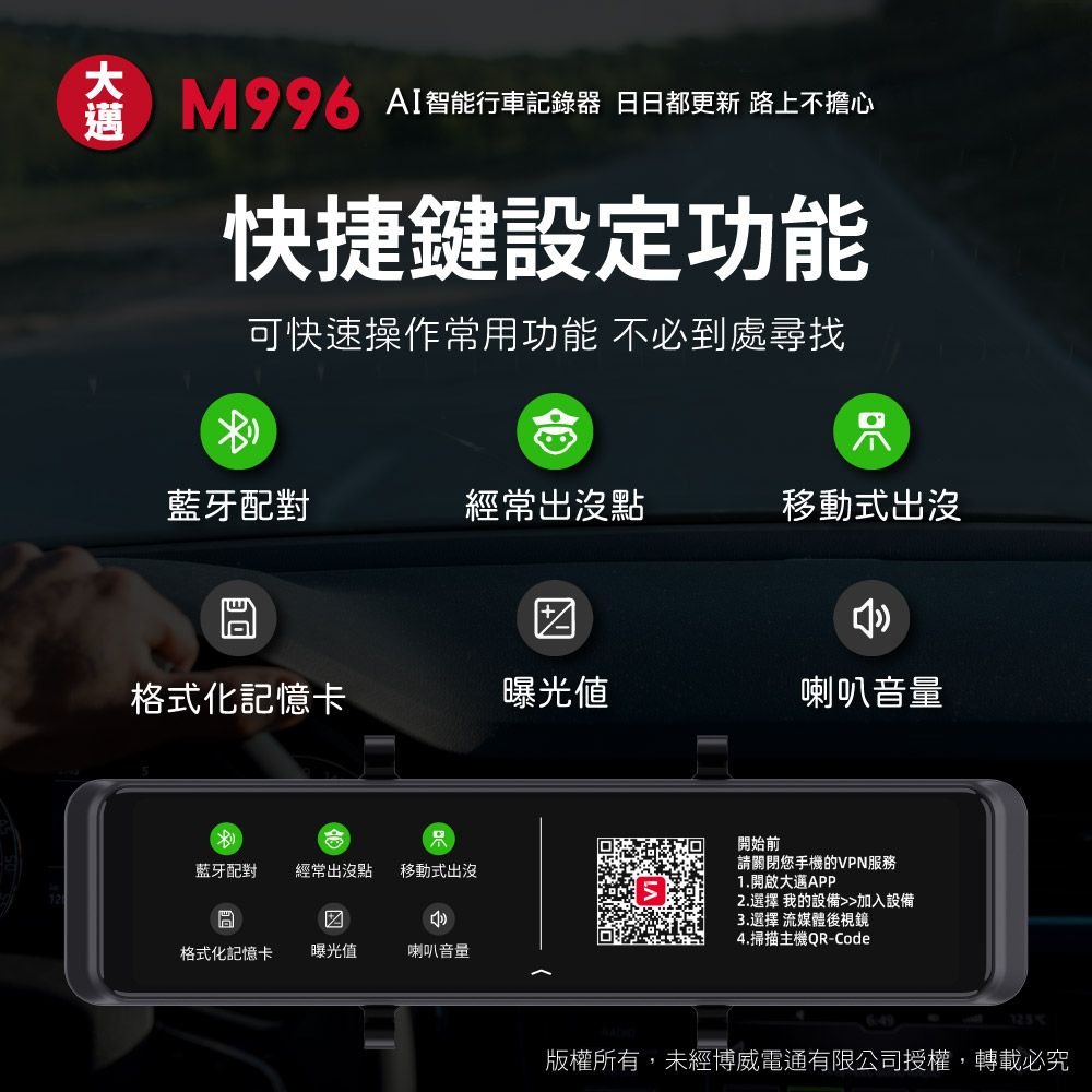 AI智能行車記錄器 日日都更新 路上不擔心快捷鍵設定功能可快速操作常用功能 不必到處尋找藍牙配對經常出沒點移動式出沒格式化記憶卡曝光値喇叭音量藍牙配對 經常出沒點移動式出沒格式化記憶卡曝光值喇叭音量開始前請關閉您手機的VPN服務1.開啟大APP2.選擇 我的設備加入設備3.選擇 流媒體後視鏡4.掃描主機QR-Code 版權所有,未經博威電通有限公司授權,轉載必究