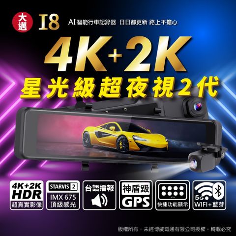 大邁 I8 4K+2K HDR 電子後視鏡 SONY STARVIS 2 汽車行車記錄器 (贈128G記憶卡)