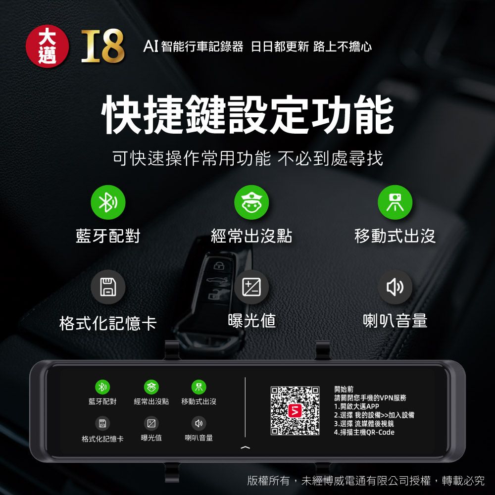 AI智能行車記錄器 日日都更新 路上不擔心快捷鍵設定功能可快速操作常用功能 不必到處尋找藍牙配對經常出沒點移動式出沒格式化記憶卡曝光値喇叭音量藍牙配對 經常出沒點 移動式出沒格式化記憶卡 曝光值喇叭音量開始前請關閉您手機的VPN服務1.開啟大邁APP2.選擇 我的設備加入設備3.選擇 流媒體後視鏡4.掃描主機QR-Code版權所有,未經博威電通有限公司授權,轉載必究