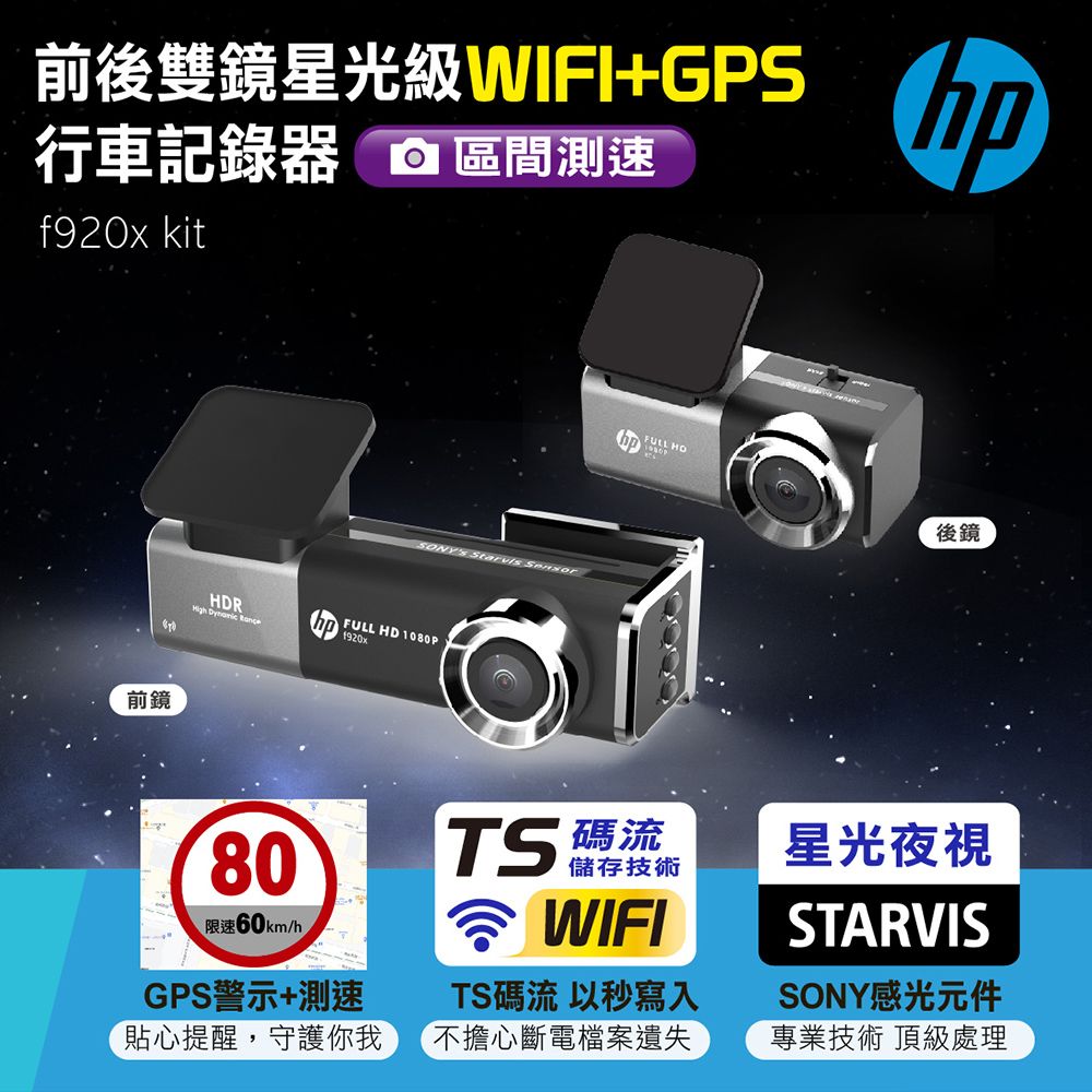 HP 惠普 		  前後雙鏡星光級WIFI+GPS行車記錄器 f920x kitGPS警示測速定點區間提醒