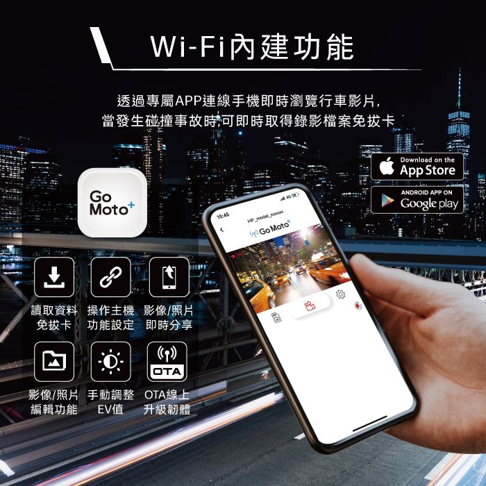 Wi-Fi內建功能透過專屬APP連線手機即時瀏覽行車影片,當發生碰撞事故時可即時取得錄影檔案免拔卡Moto10:45 Go 讀取資料 操作主機 影像/照片免拔卡功能設定 即時分享影像/照片 手動調整OTAOTA線上編輯功能EV值升級韌體Download on theApp StoreANDROID APP ONGoogle play