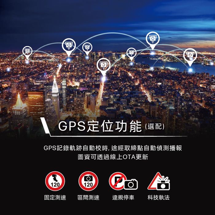 GPS定位功能(選配)GPS記錄軌跡自動校時,途經取締點自動偵測播報圖資可透過線上OTA更新120120固定測速 區間測速違規停車 科技執法