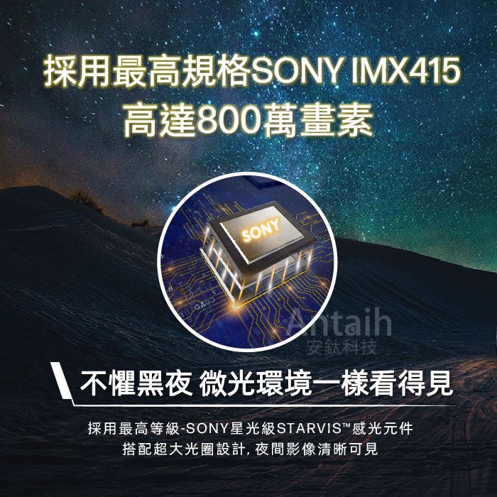 採用最高規格SONY IMX415高達800萬畫素SONY安鈦科技 不懼黑夜 微光環境一樣看得見採用最高等級-SONY星光級STARVIS™感光元件搭配超大光圈設計, 夜間影像清晰可見