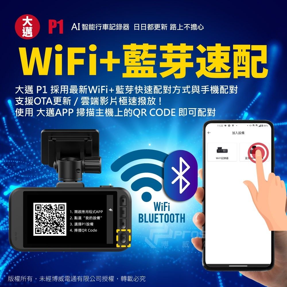 AI智能行車 日日都更新 路上不擔心+藍芽速配大邁 P1 採用最新WiFi+藍芽快速配對方式與手機配對支援OTA更新/雲端影片極速撥放!使用 大邁APP 掃描主機上的QRCODE 即可配對WiFi11:22加入設備WiFi記錄器1. 開啟應用程式APP2. 點選“我的設備3. 選擇P1設備4. 掃描QR CodeBLUETOOTH博威版權所有,未經博威電通有限公司授權,轉載必究