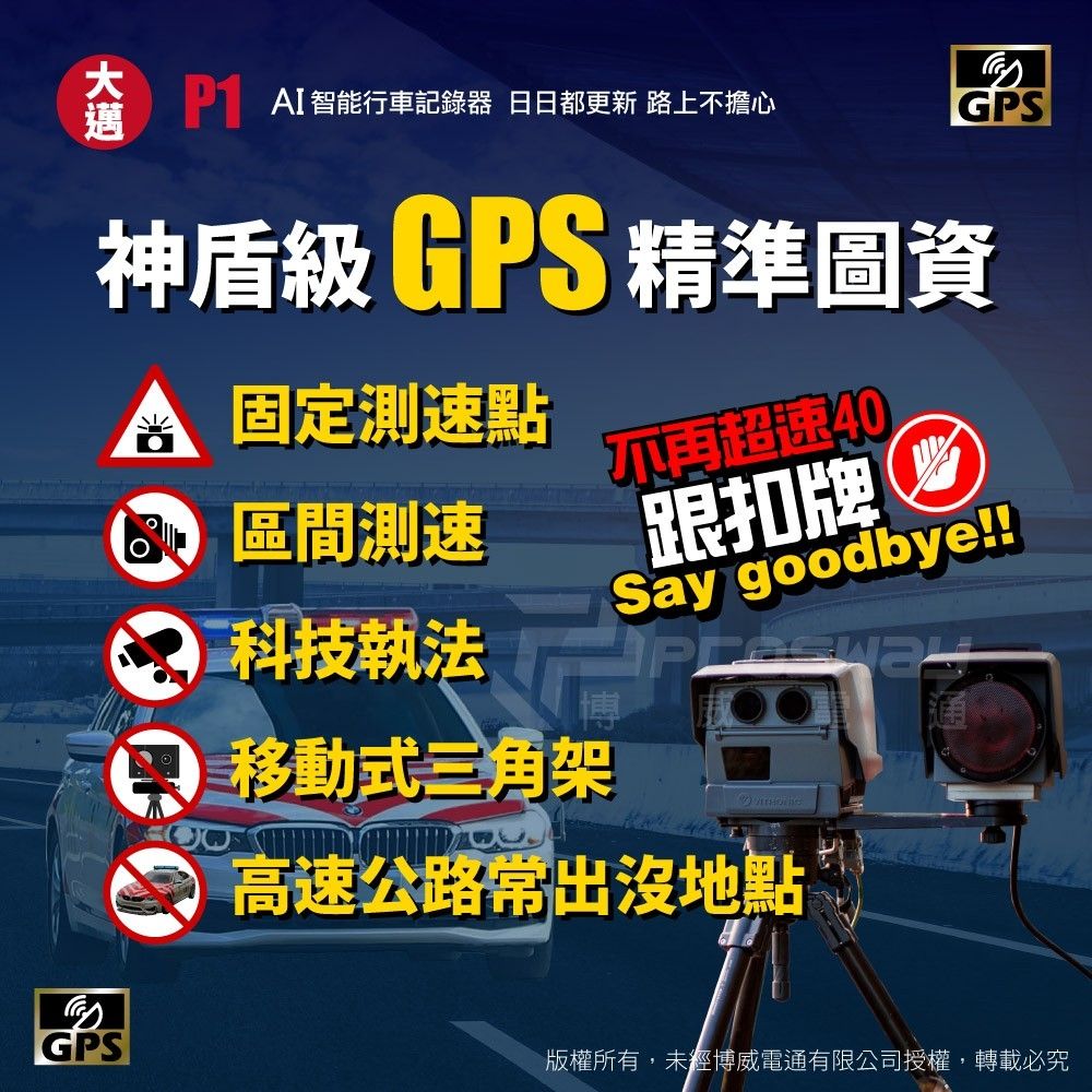 GPS█AI智能行車記錄器 日日都更新 路上不擔心GPS®神盾級 GPS 精準圖資固定测速點區間測速超速40跟扣牌Say goodbye!!科技執法 移動式三角架高速公路地點版權所有,未經博威電通有限公司授權,轉載必究