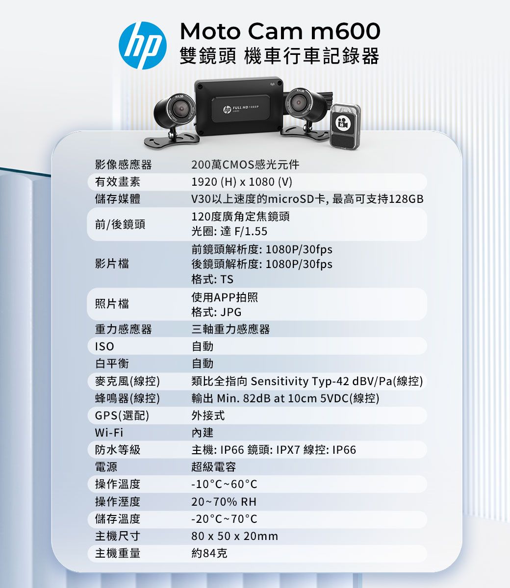 Moto am m0雙鏡頭 機車行車記錄器 FULL  影像感應器200萬MOS感光元件有效畫素1920 (H)  1080 (V)儲存媒體前/後鏡頭V30以上速度的microSD卡,最高可支持128GB120度廣角定焦鏡頭光圈:達F/1.55前鏡頭解析度:1080P/30fps影片檔後鏡頭解析度:1080P/30fps格式: TS照片檔使用APP拍照格式: JPG重力感應器ISO三軸重力感應器白平衡自動自動麥克風(線控)類比全指向 Sensitivity Typ-42 dBV/Pa(線控)蜂鳴器(線控)輸出 Min. 82dB at 10cm 5VD(線控)GPS(選配)外接式Wi-Fi內建防水等級主機:IP66鏡頭:IPX7線控:IP66電源操作溫度操作溼度儲存溫度主機尺寸超級電容C60C2070% RH-20C~70C80  50 x 20mm主機重量約84克