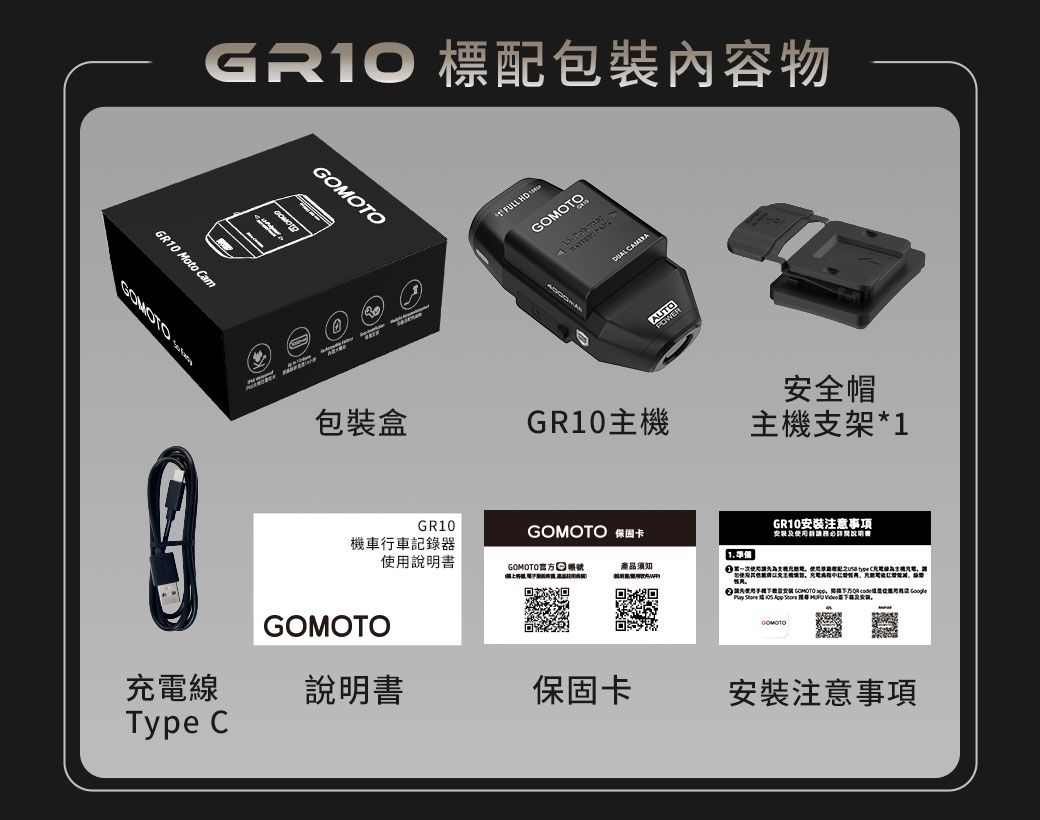GR10 標配包裝內容物GR10 Moto Cam GOMOTO 包裝盒GR10主機GR10GOMOTO 機車行車記錄器產品須知GOMOTO充電線說明書保固卡Type C安全帽主機支架*11GR10安裝注意事項安及使說明書   使用装   用       .GOMOTO安裝注意事項