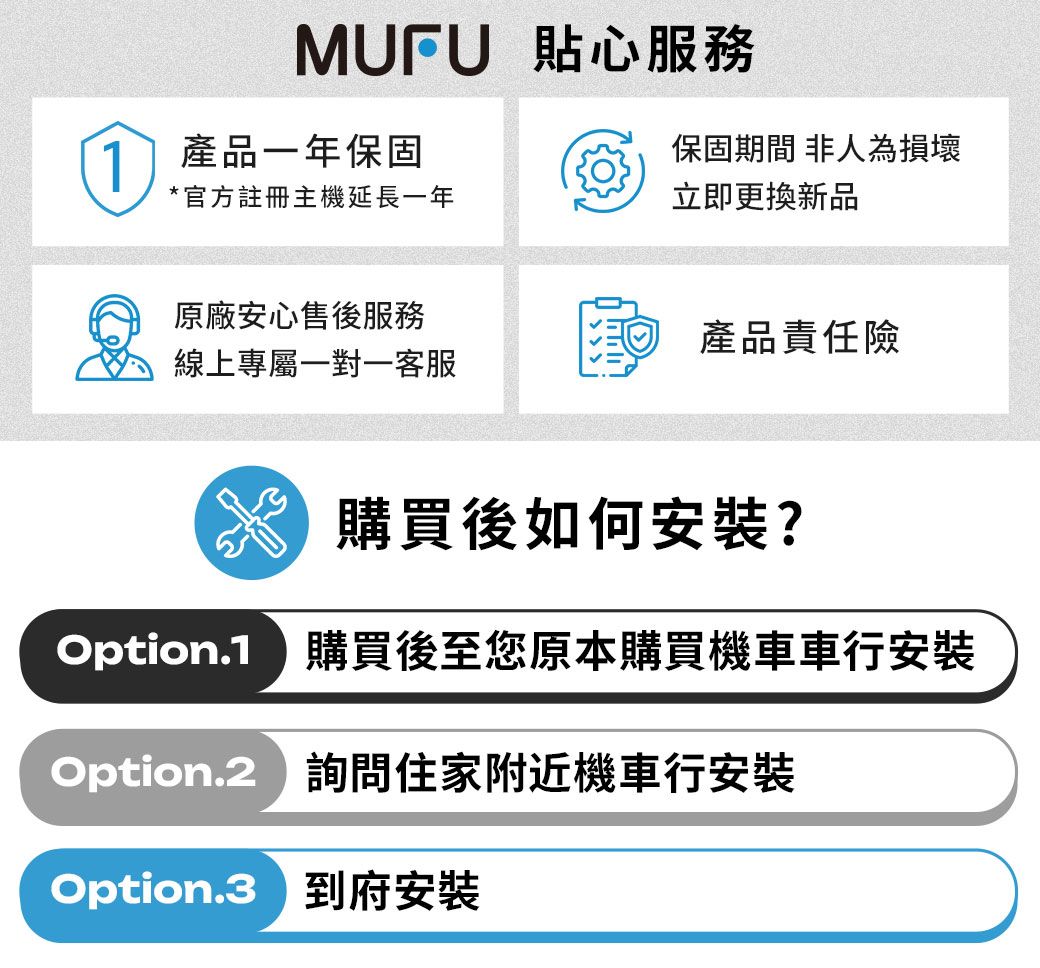 MUFU 貼心服務1產品一年保固*官方註冊主機延長一年保固期間 非人為損壞立即更換新品原廠安心售後服務產品責任險線上專屬一對一客服購買後如何安裝?Option. 購買後至您原本購買機車車行安裝Option.2詢問住家附近機車行安裝Option. 到府安裝