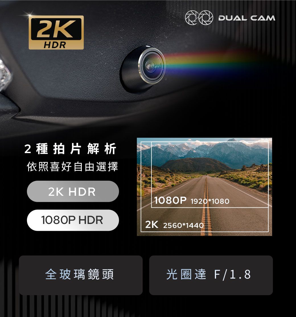 2KHDRDUAL CAM2種拍片解析依照喜好自由選擇2K HDR1080P 1920*10801080P HDR2K 2560*1440全玻璃鏡頭光圈達 F/1.8