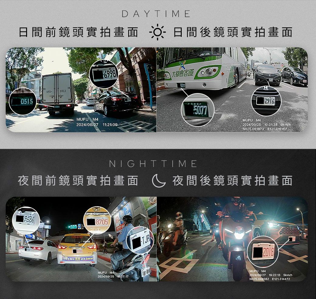 DAYTIME日間前鏡頭實拍畫面 日間後鏡頭實拍畫面KPD-03136998大都會客運MUFU M420240827 1121:0929165077MUFU M42024/09/25 10:31:38://N025.061873 E121.315167NIGHTTIME夜間前鏡頭實拍畫面夜間後鏡頭實拍畫面8705 BMWMUFU M2024/09/25 1827:172018MUFU M42024/09/27 19:22:13 5km/hN025.048082 E121.314472