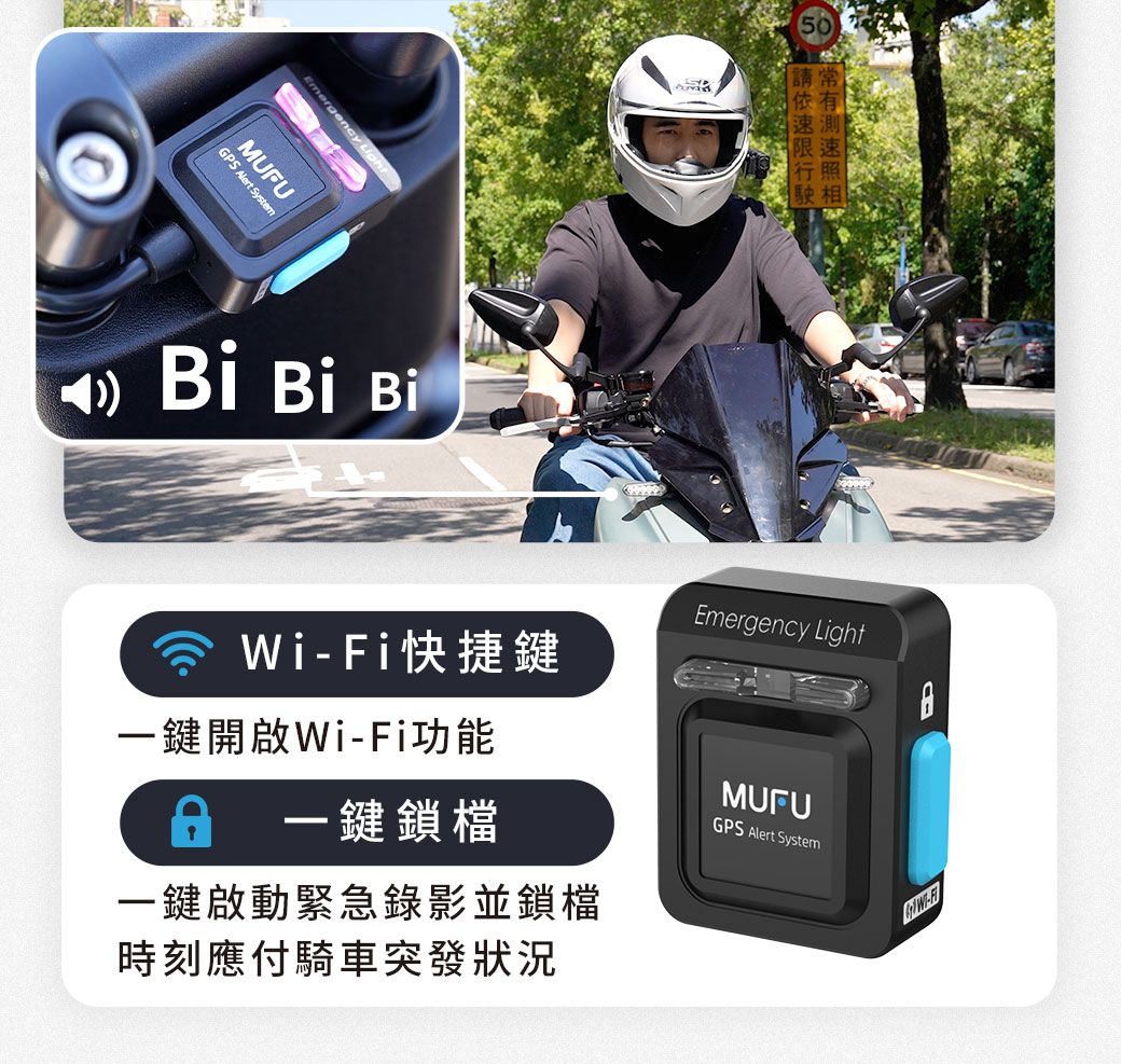 Emergency LightGPS lert System  Bi Bi請常依有速測駛相Wi-Fi快捷鍵一鍵開啟Wi-Fi功能A 一鍵鎖檔一鍵啟動緊急錄影並鎖檔時刻應付騎車突發狀況Emergency LightMUFUGPS Alert System-