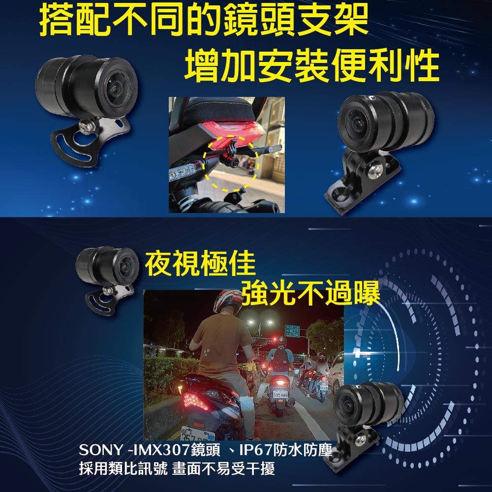 搭配不同的鏡頭支架增加安裝便利性夜視極佳強光不過曝SONY -IMX307鏡頭、IP67防水防塵採用類比訊號 畫面不易受干擾