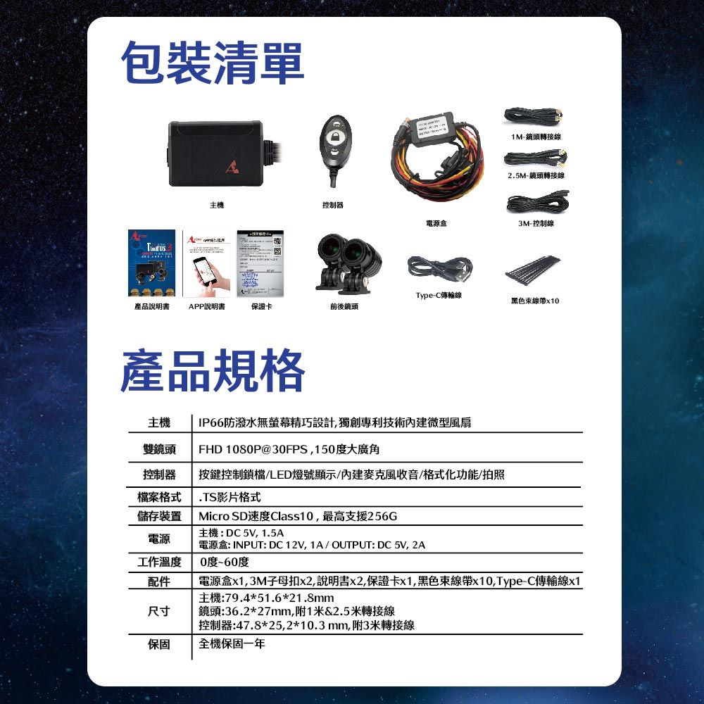 包裝清單1M-鏡頭轉接線2.5M-鏡頭轉接線主機控制器電源盒3M-控制線Type-C傳輸線黑色線帶x10產品說明書APP說明書保證卡前後鏡頭產品規格主機IP66防潑水無螢幕精巧設計,獨創專利技術微型風扇雙鏡頭FHD 1080P@30FPS,150度大廣角控制器檔案格式儲存裝置按鍵控制鎖檔LED燈號顯示/內建麥克風收音/格式化功能/拍照.TS影片格式Micro SD速度Class10,最高支援256G主機:DC5V,1.5A電源電源盒: INPUT:DC12V,1A/OUTPUT:DC5V, 2A工作溫度0度~60度配件尺寸電源盒x1,3M子母扣x2,說明書x2,保證卡x1,黑色束線帶x10,Type-C傳輸線x1主機:79.4*51.6*21.8mm鏡頭:36.2*27mm,附1米&2.5米轉接線控制器:47.8*25,2*10.3mm,附3米轉接線保固全機保固一年