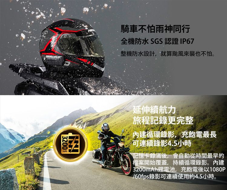 騎車不怕雨神同行全機防水 SGS認證 IP67整機防水設計,就算颱風來襲也不怕。3200延伸續航力旅程記錄更完整內建循環錄影,充飽電最長可連續錄影4.5小時記憶卡錄滿後,會自動從時間最早的檔案開始覆蓋,持續循環錄影。內建 3200mAh鋰電池,充飽電後以1080P/60fps錄影可連續使用約4.5小時。