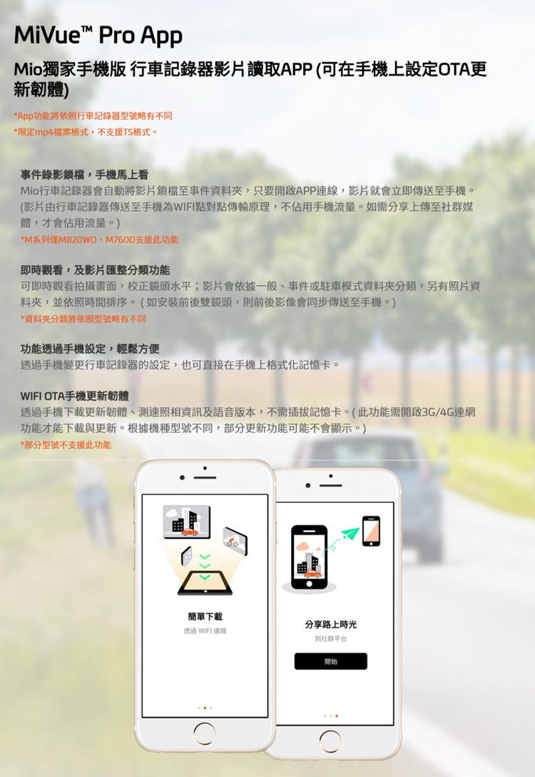 MiVue Pro AppMio獨家手機版 行車記錄器影片讀取APP(可在手機上設定OTA更新韌體)*App功能將依照行車記錄器型號略有不同*限定mp4案格式,不支援TS格式。事件錄影鎖檔,手機馬上看Mio行車記錄器會自動將影片鎖檔至事件資料,只要開啟APP連線,影片就會立即傳送至手機。(影片由行車記錄器傳送至手機為WIFI點對點原理,不佔用手機流量。如需分享上傳至社群媒體,才會佔用流量。)*M系列僅M820WDM760D支援此功能即時觀看,及影片匯整分類功能可即時觀看拍攝畫面,校正鏡頭水平;影片會依據一般、事件或駐車模式資料夾分類,另有照片資料夾,並依照時間排序。(如安裝前後雙鏡頭,則前後影像會同步傳送至手機。)*資料夾分類將依照型號略有不同功能透過手機設定,輕鬆方便透過手機變更行車記錄器的設定,也可直接在手機上格式化記憶卡。WIFI OTA手機更新韌體透過手機下載更新韌體、測速照相資訊及語音版本,不需插拔記憶卡。(此功能需開啟3G/4G連網功能才能下載與更新。根據機種型號不同,部分更新功能可能不會顯示。)*部分型號不支援此功能簡單下載分享路上時光透過 WIFI連線社群平台開始