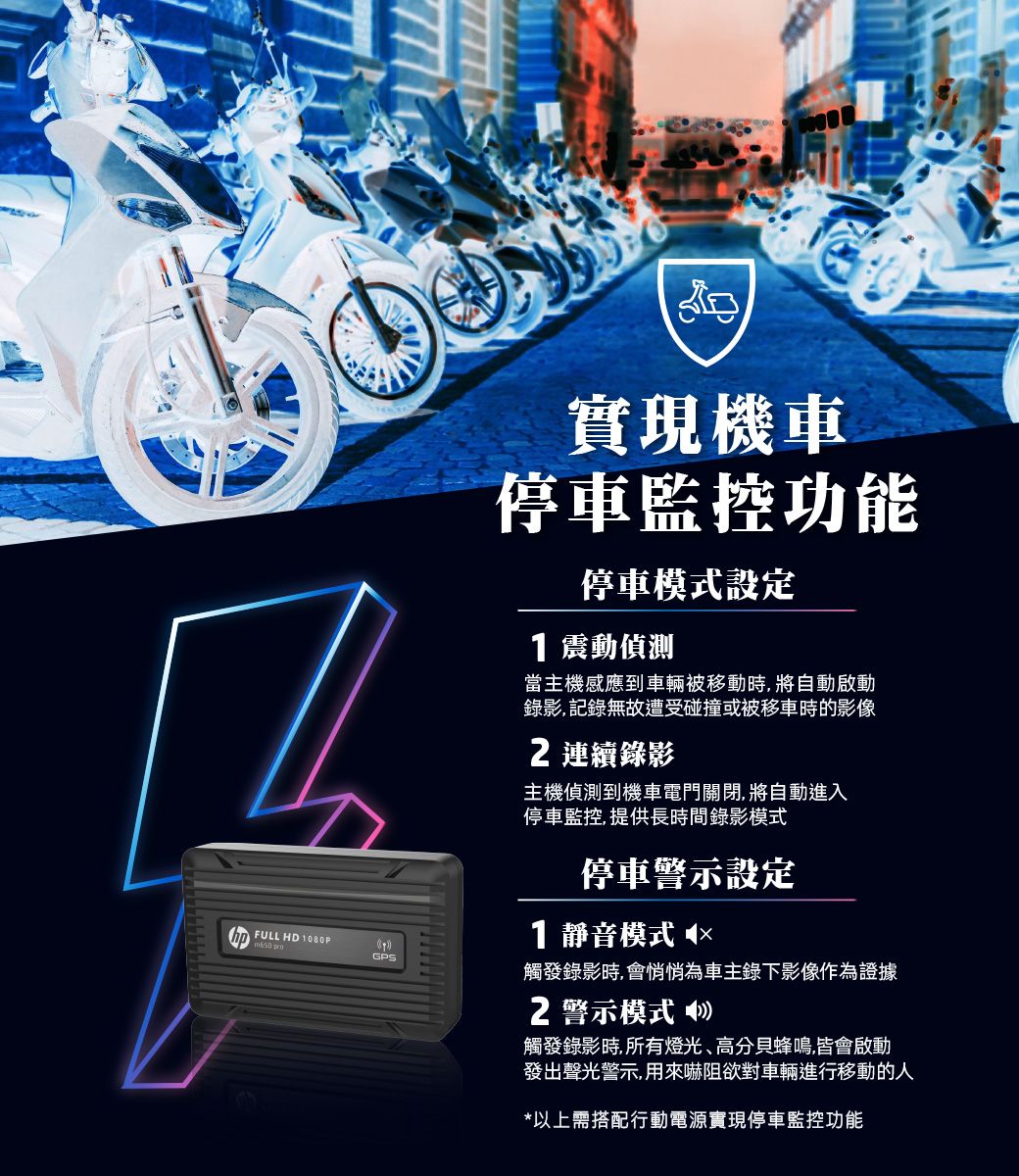 FULL HD 080P 實現機車停車監控功能停車模式設定1 震動偵測當主機感應到車輛被移動時將自動啟動錄影,記錄無故遭受碰撞或被移車時的影像 連續錄影主機偵測到機車電門關閉,將自動進入停車監控,提供長時間錄影模式停車警示設定1 靜音模式×GPS觸發錄影時,會悄悄為車主錄下影像作為證據2 警示模式 觸發錄影時,所有燈光、高分貝蜂鳴,皆會啟動發出聲光警示,用來嚇阻欲對車輛進行移動的人*以上需搭配行動電源實現停車監控功能