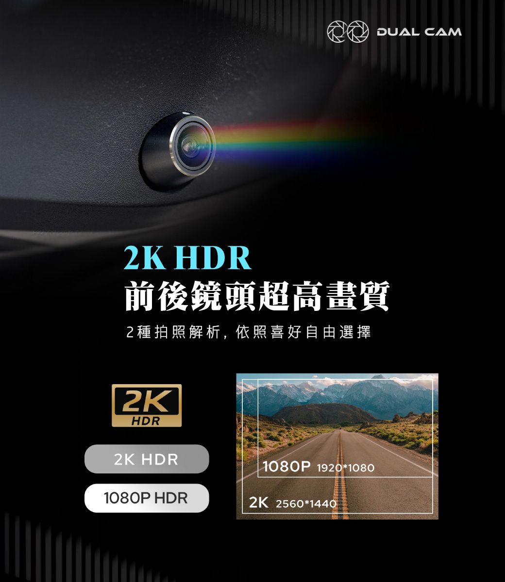 DUAL CAM2K HDR前後鏡頭超高畫質2種拍照解析,依照喜好自由選擇2KHDR2K HDR1080P 192010801080P HDR2K 2560*1440