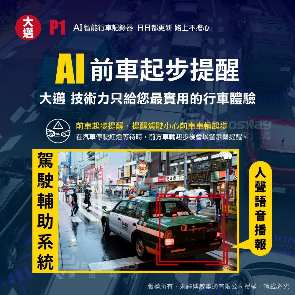 I智能行車記錄器 日日都更新 路上不擔心A 前車起步提醒大邁 技術力只給您最實用的行車體驗A 前車起步提醒,提醒小心前車車輛起步 在汽車停駛紅燈等待時,前方車輛起步後會以警示提醒。駕駛統ニッポン通聲版權所有,未經博威電通有限公司授權,轉載必究