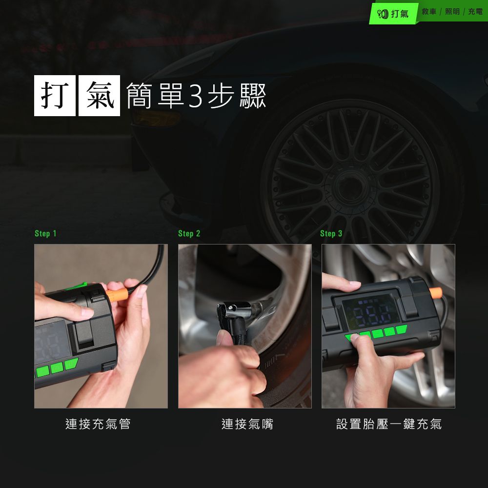 打氣簡單3步驟Step 1Step 2Step 30 打氣救車/照明/充電連接充氣管連接氣嘴設置胎壓鍵充氣