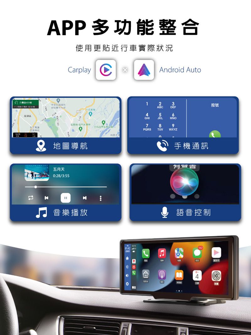 PP多功能整合使用更貼近行車實際狀況rplay C Adroid Auto123撥ABCDEF456GHIJKLMNO號A789PQRSTUVWXYZn地圖導航五天0:28/3:55手機通訊月音樂播放語音控制a4