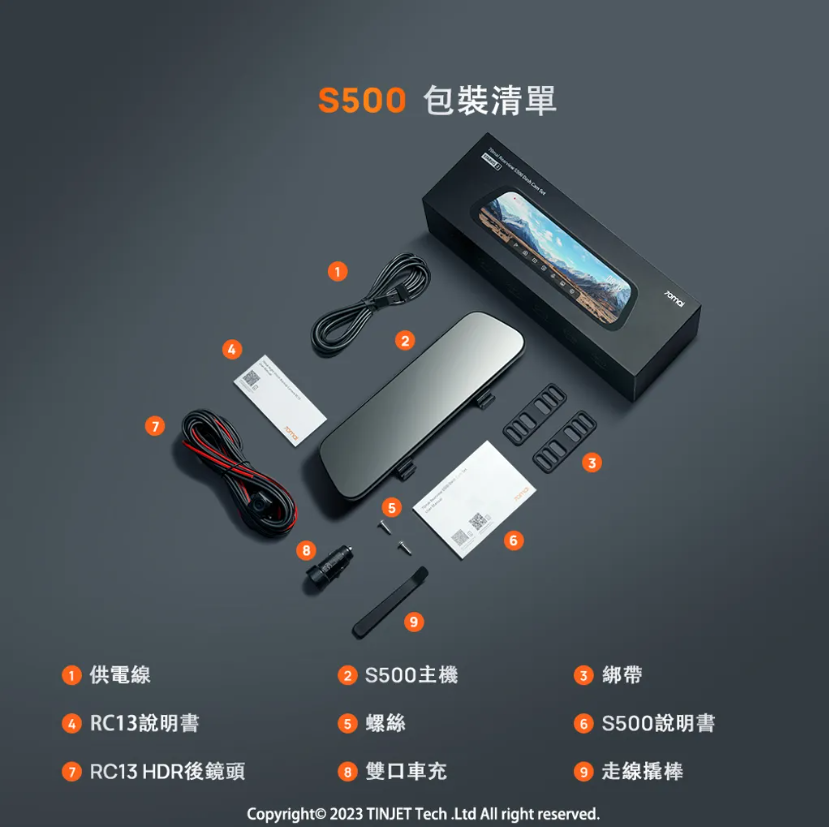 7① 供電線④ RC13說明書500 包裝清單83② S500主機 綁帶 螺絲 S500說明書⑥ 雙口車充9 線撬棒 RC13 HDR後鏡頭Copyright© 2023 TINJET Tech .Ltd All right reserved.