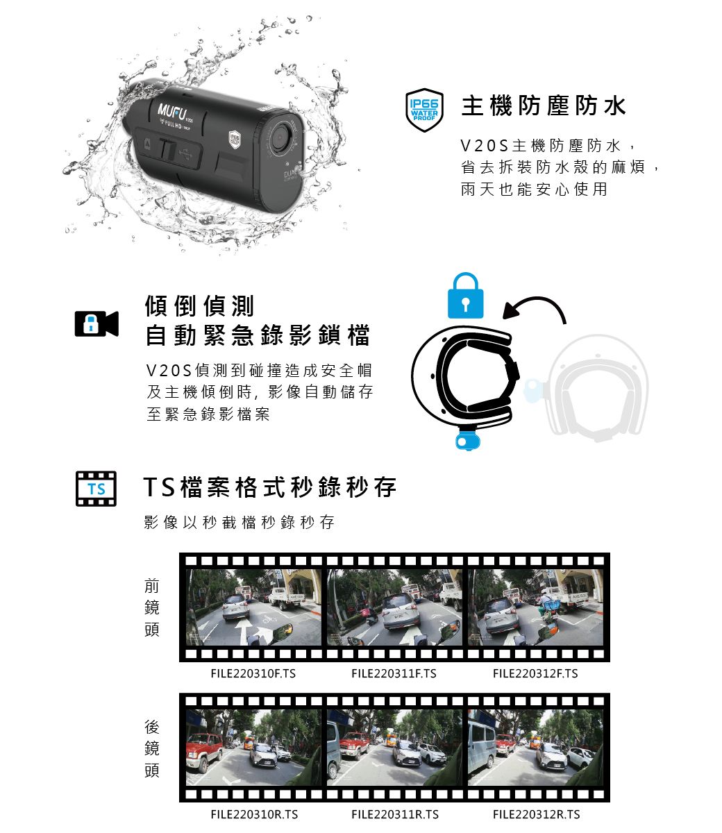 MUFU 傾倒偵測自動緊急錄影鎖檔V20S偵測到碰撞造成安全帽及主機傾倒時,影像自動儲存至緊急錄影檔案WATERPROOFTSTS檔案格式秒錄秒存影像以秒截檔秒錄秒存  主機防塵防水V20S主機防塵防水,省去拆裝防水殼的麻煩,雨天也能安心使用FILE220310F.TSFILE220311F.TSFILE220312F.TSFILE220310R.TSFILE220311R.TSFILE220312R.TS