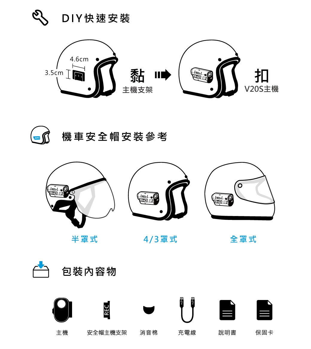 DIY快速安装3.5cmH4.6cm黏扣主機支架V20S主機 機車安全帽安裝參考半罩式4/3罩式全罩式包裝內容物REC主機安全帽主機支架 消音棉充電線說明書保固卡