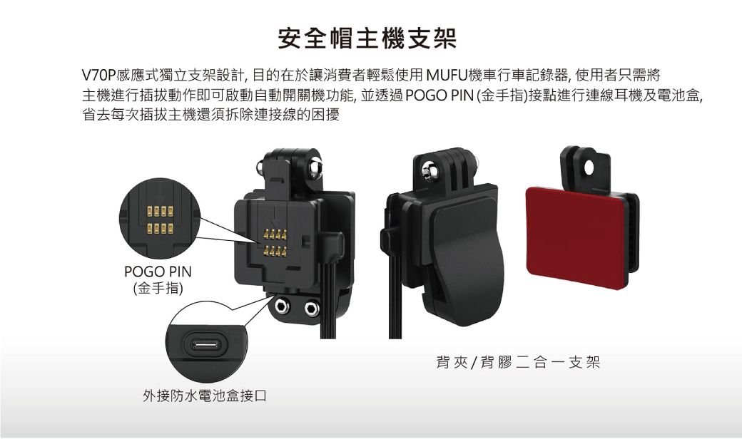 安全帽主機支架V70P感應式獨立支架設計,目的在於讓消費者輕鬆使用 MUFU機車行車記錄器,使用者只需將主機進行插拔動作即可啟動自動開關機功能,並透過POGO PIN(金手指)接點進行連線耳機及電池盒,省去每次插拔主機還須拆除連接線的困擾POGO PIN(金手指)外接防水電池盒接口背夾/背膠二合一支架