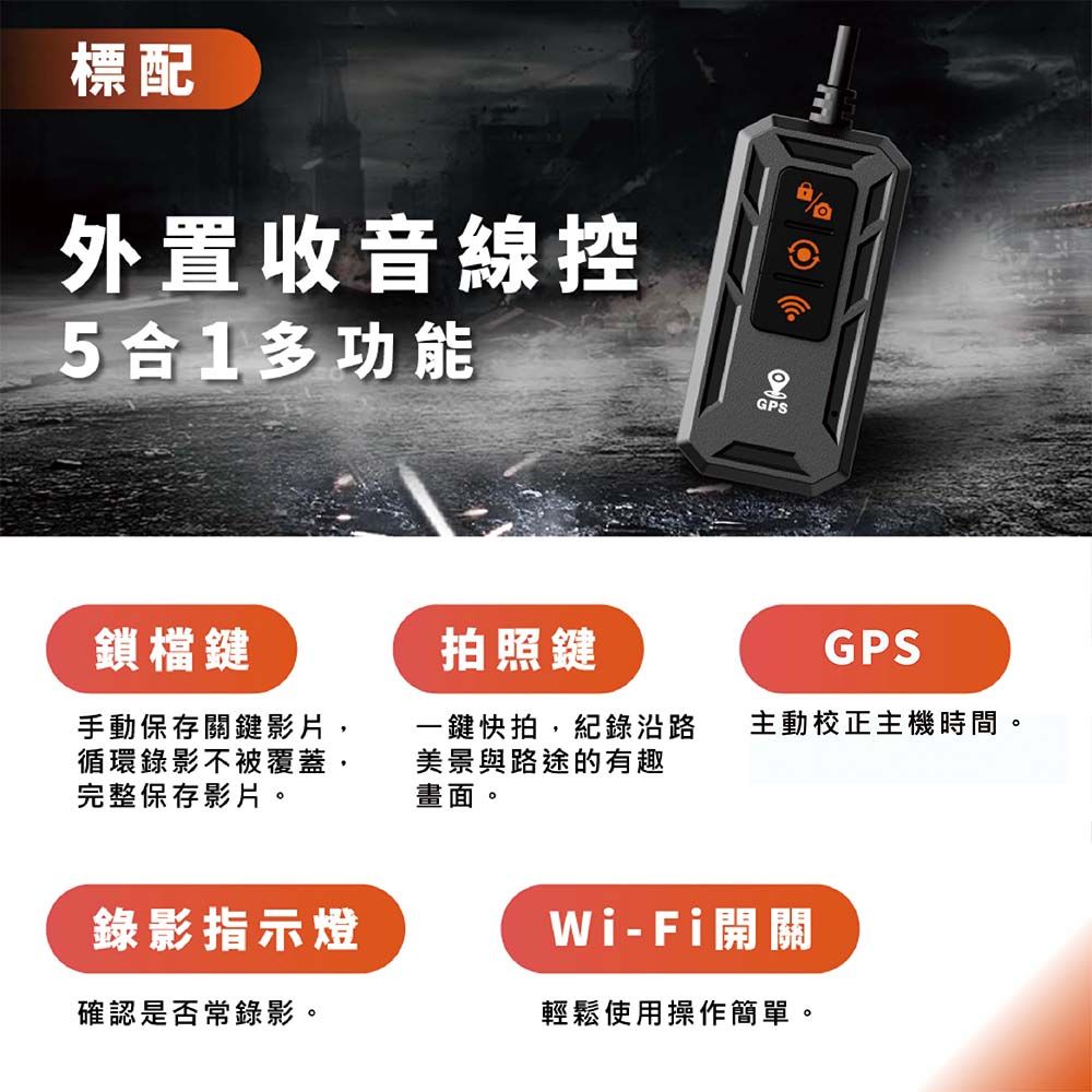 標配外置收音線控5合1多功能鎖檔鍵拍照鍵GPSGPS手動保存關鍵影片循環錄影不被覆蓋,完整保存影片一鍵快拍,紀錄沿路美景與路途的有趣畫面,主動校正主機時間。錄影指示燈Wi-Fi開關確認是否常錄影。輕鬆使用操作簡單。