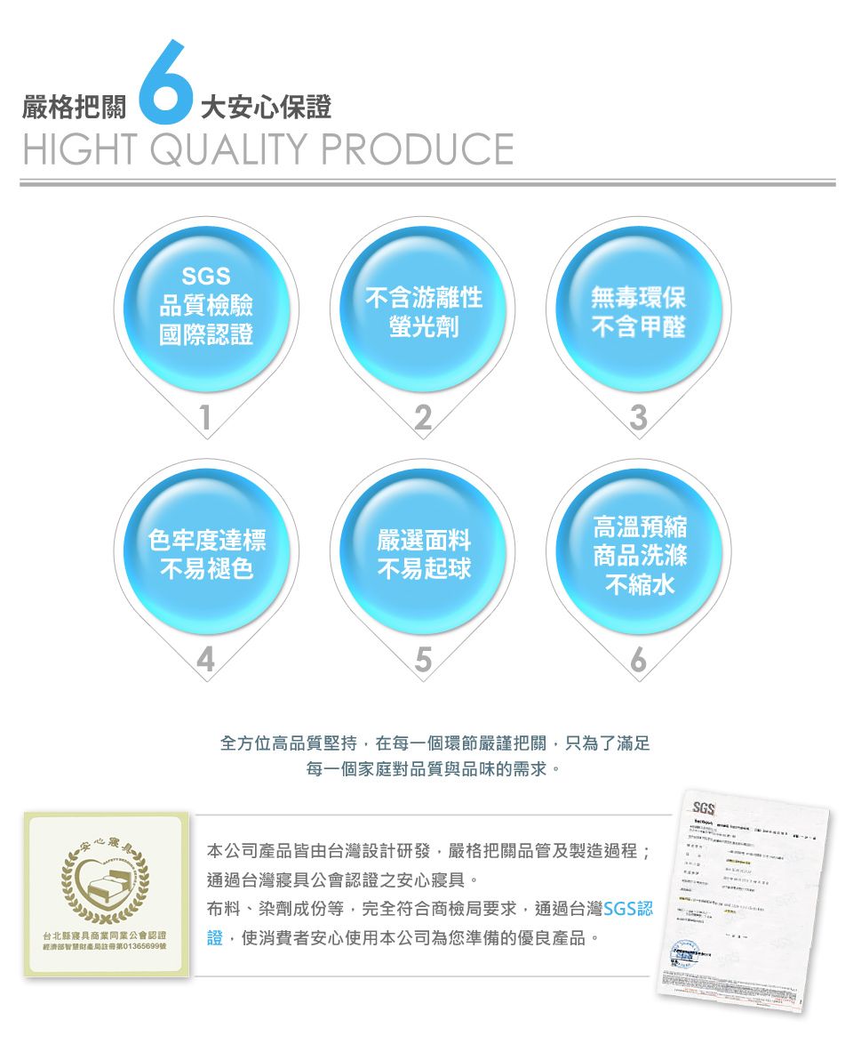 嚴格把關6大安心保證HIGHT QUALITY PRODUCESGS品質檢驗國際認證不含游離性無毒環保螢光劑不含甲醛1高溫預縮色牢度達標嚴選面料不易褪色不易起球商品洗滌不縮水5全方位高品質堅持在每一個環節嚴謹把關,只為了滿足每一個家庭對品質與品味的需求。台北縣寢具商業同業公會認證經濟部局註冊第01365699號本公司產品皆由台灣設計研發,嚴格把關品管及製造過程;通過台灣寢具公會認證之安心寢具。布料、染劑成份等,完全符合商檢局要求,通過台灣SGS認證,使消費者安心使用本公司為您準備的優良產品。SGS