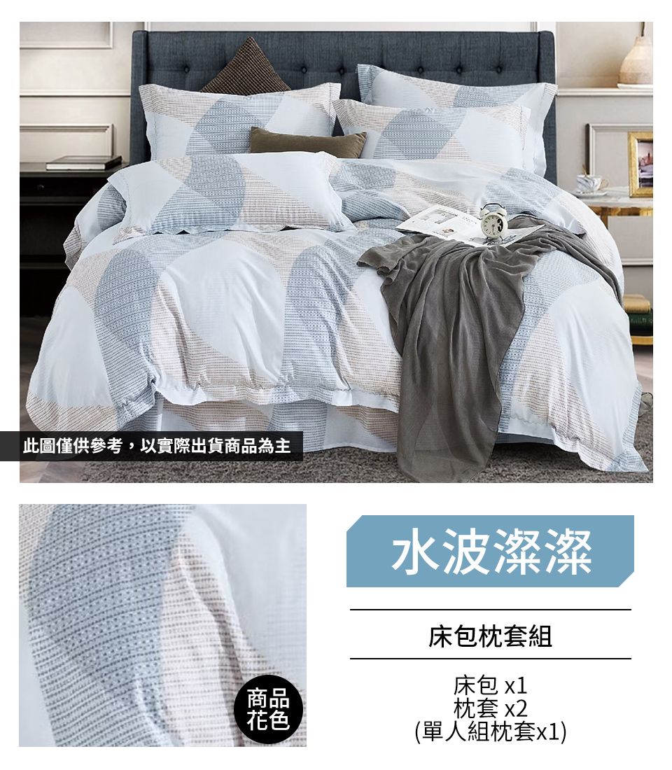 此圖僅供參考,以實際出貨商品為主商品花色水波床包枕套組床包 x1枕套 x2(單人組枕套x1)