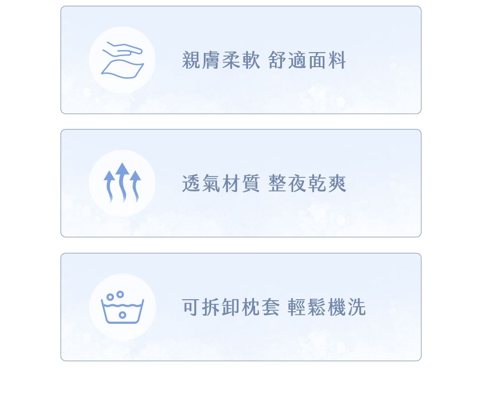 親膚柔軟 舒適面料透氣材質 整夜乾爽可拆卸枕套 輕鬆機洗