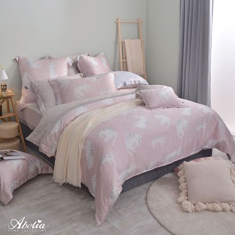 英國Abelia《懶懶貓》雙人天絲木漿四件式兩用被床包組-(共兩色)-粉色