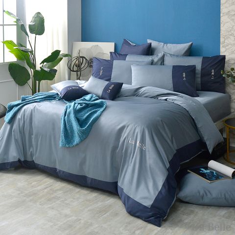 義大利La Belle《靜致混搭》雙人長絨細棉刺繡四件式被套床包組(共兩色)-藍色