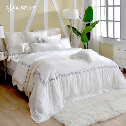 CASA BELLE 法國《維爾克》雙人天絲刺繡四件式防蹣抗菌吸濕排汗兩用被床包組(共三色)-白色