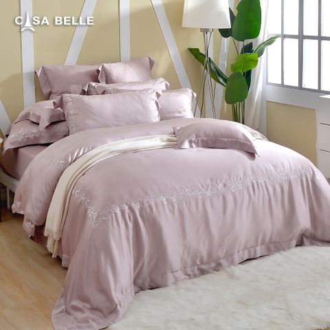 法國CASA BELLE《維爾克》加大天絲刺繡四件式防蹣抗菌吸濕排汗兩用被床包組(共三色)-粉色