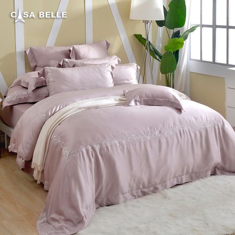法國CASA BELLE《維爾克》特大天絲刺繡四件式防蹣抗菌吸濕排汗兩用被床包組(共三色)-粉色