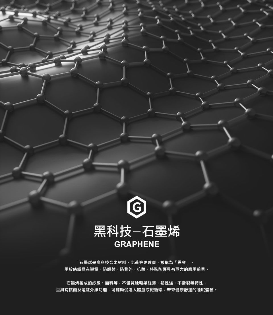 G黑科技石墨烯GRAPHENE石墨烯是高科技奈米材料比黃金更珍貴被稱為「黑金」用於紡織品在導電、防輻射、防紫外、抗菌、特殊防護具有巨大的應用前景。石墨烯製成的紗線、面料等不僅質地輕柔絲薄、韌性強、不斷裂等特性且具有抗菌及遠紅外線功能可輔助促進人體血液微循環,帶來健康舒適的睡眠體驗。