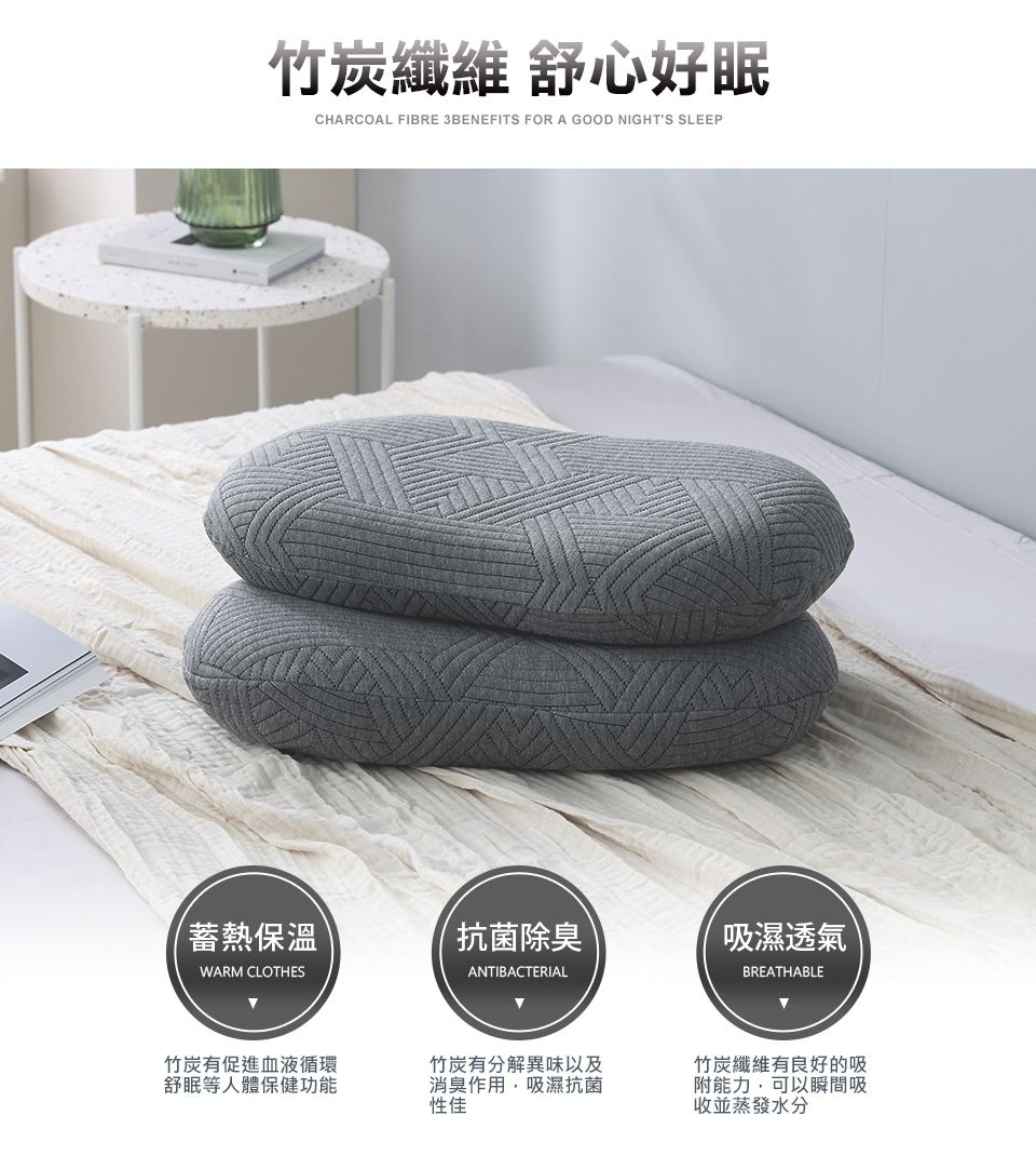 竹炭纖維 舒心好眠CHARCOAL FIBRE 3BENEFITS FOR A GOOD NIGHTS SLEEP蓄熱保溫抗菌除臭吸濕透氣WARM CLOTHESANTIBACTERIALBREATHABLE竹炭有促進血液循環舒眠等人體保健功能竹炭有分解異味以及消臭作用,吸濕抗菌性佳竹炭纖維有良好的吸附能力,可以瞬間吸收並蒸發水分